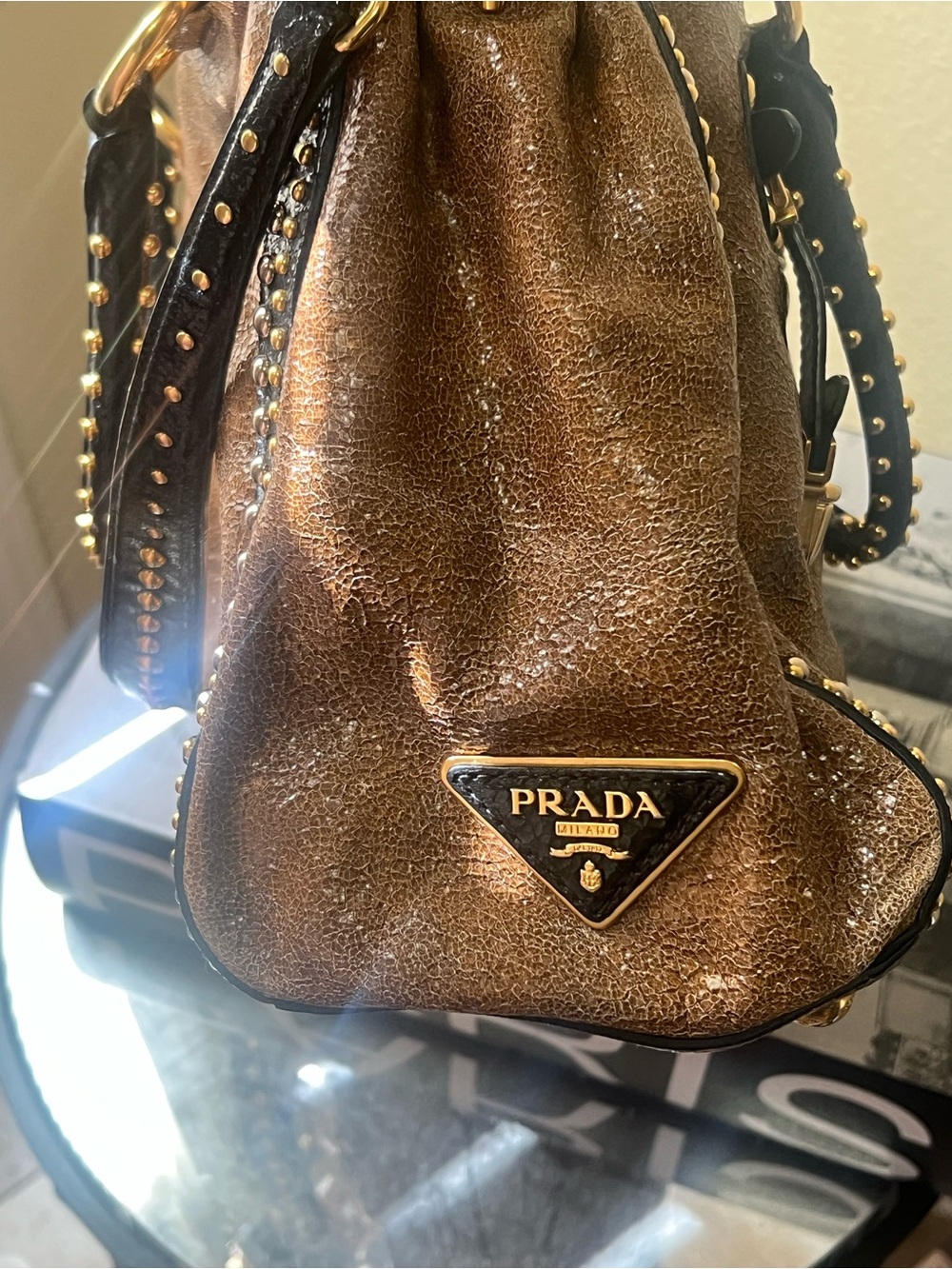 Authentic Prada Stud-Trim Brown Leather Tote Bag - Picture 7 of 15